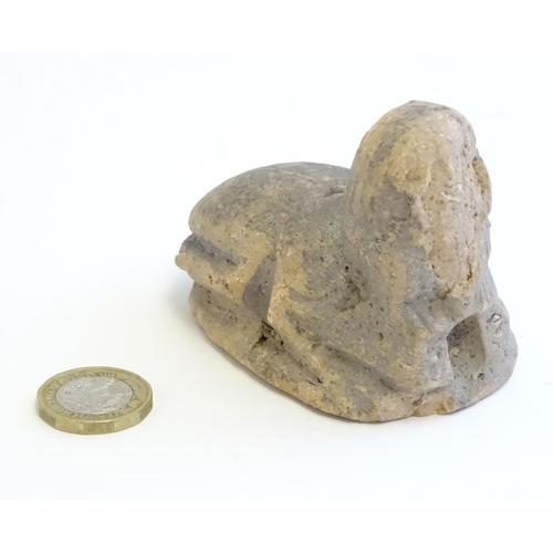 1210 - An Egyptian carved stone scarab sphinx seal. Approx. 2 1/2