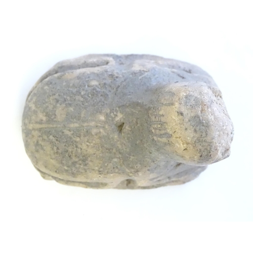 1210 - An Egyptian carved stone scarab sphinx seal. Approx. 2 1/2