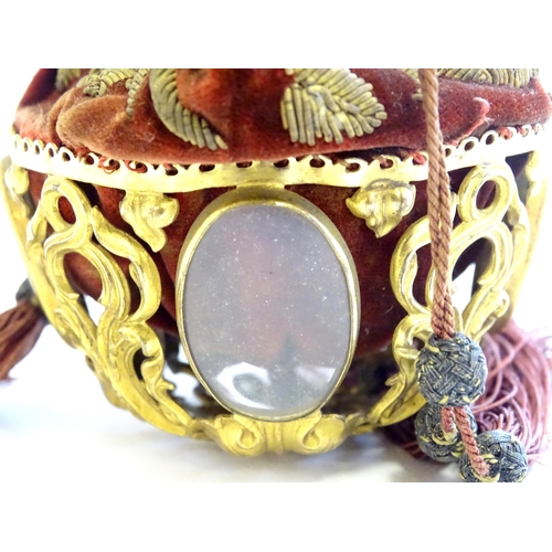 1211 - A 19thC velvet drawstring purse / pouch with gilt thread detail and pierced gilt metal basket lower ... 