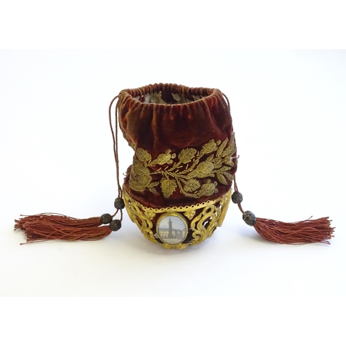 1211 - A 19thC velvet drawstring purse / pouch with gilt thread detail and pierced gilt metal basket lower ... 