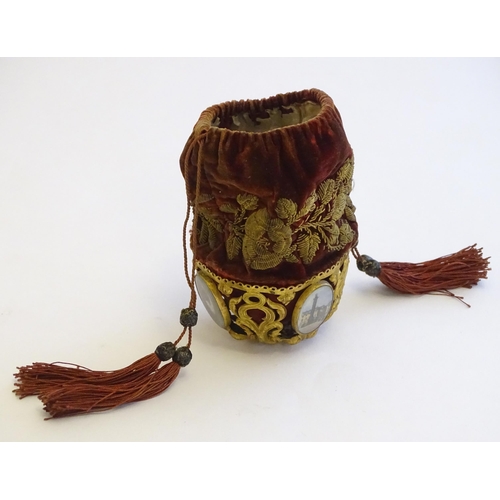 1211 - A 19thC velvet drawstring purse / pouch with gilt thread detail and pierced gilt metal basket lower ... 