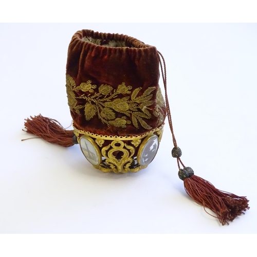 1211 - A 19thC velvet drawstring purse / pouch with gilt thread detail and pierced gilt metal basket lower ... 