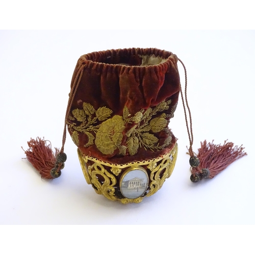 1211 - A 19thC velvet drawstring purse / pouch with gilt thread detail and pierced gilt metal basket lower ... 