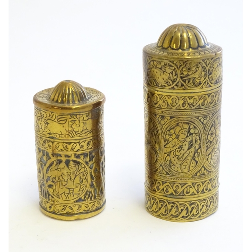 1217 - Two Persian brass containers with engraved banded decoration depicting oval vignettes with deity sty... 