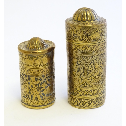 1217 - Two Persian brass containers with engraved banded decoration depicting oval vignettes with deity sty... 