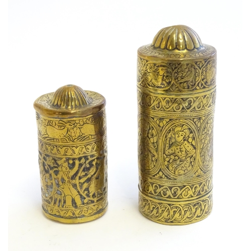 1217 - Two Persian brass containers with engraved banded decoration depicting oval vignettes with deity sty... 