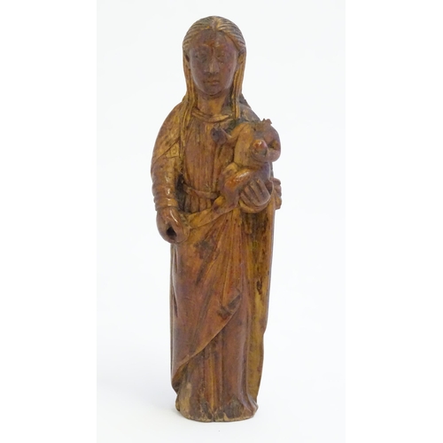 1220 - A 19thC Continental carved wooden model of mother and child, possible Madonna & Child. Approx. 5