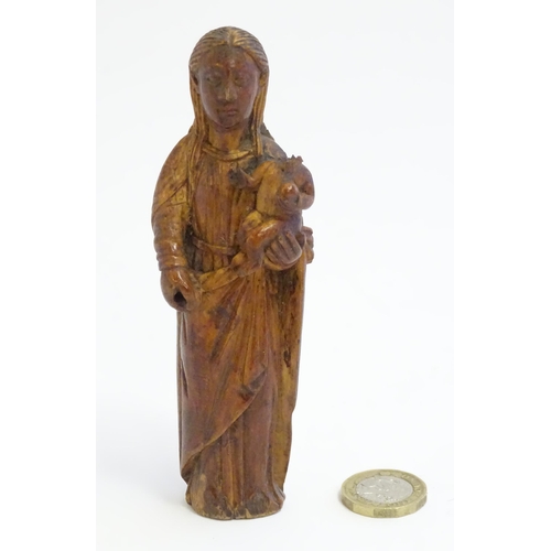 1220 - A 19thC Continental carved wooden model of mother and child, possible Madonna & Child. Approx. 5