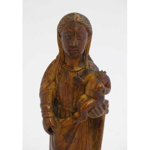 1220 - A 19thC Continental carved wooden model of mother and child, possible Madonna & Child. Approx. 5