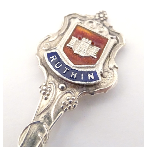 347 - Welsh Interest : A silver souvenir teaspoon with enamel shield decoration to handle titled Ruthin, h... 