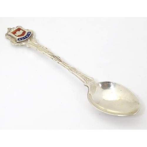 347 - Welsh Interest : A silver souvenir teaspoon with enamel shield decoration to handle titled Ruthin, h... 