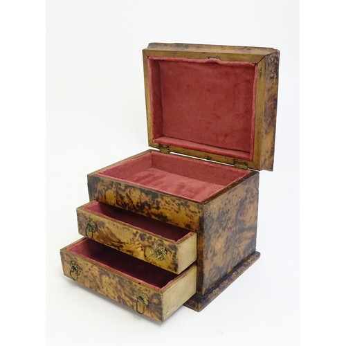 1181 - A Victorian simulated burr walnut jewellery box with lift lid and two drawers. Approx. 6 1/4