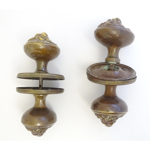 1256 - Two pairs of late 19th / early 20thC large brass door knobs / handles / door furniture with cast lio... 