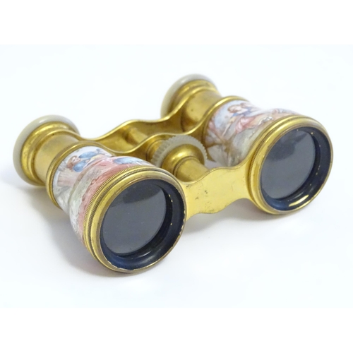 1282 - 19thC Continental gilt metal opera / theatre glasses with mother of pearl eye pieces and hand painte... 