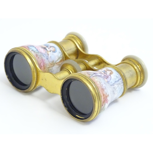 1282 - 19thC Continental gilt metal opera / theatre glasses with mother of pearl eye pieces and hand painte... 