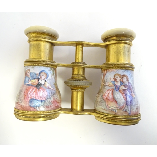 1282 - 19thC Continental gilt metal opera / theatre glasses with mother of pearl eye pieces and hand painte... 