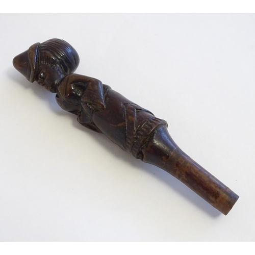 1285 - A Victorian carved walking cane handle modelled as a woman wearing a hat. Approx. 7 1/4