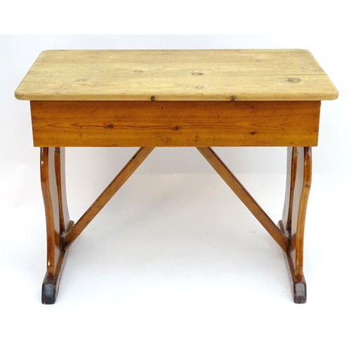 2081 - A 19thC pine Victorian table with a rectangular top above single long drawer with turned wooden hand... 