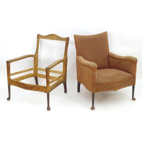 2091 - Two chairs for re - upholstery with turned wooden front legs terminating in pad feet and splayed bac... 