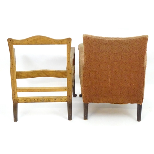 2091 - Two chairs for re - upholstery with turned wooden front legs terminating in pad feet and splayed bac... 