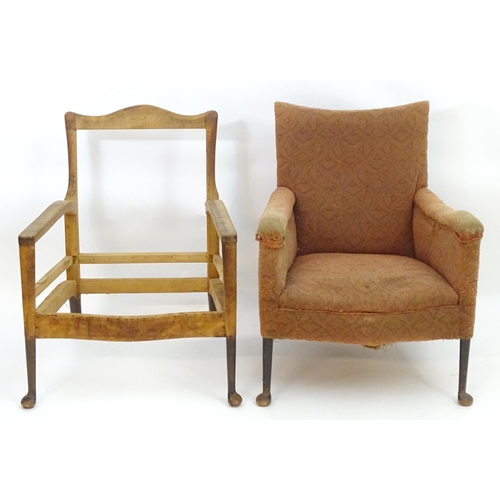 2091 - Two chairs for re - upholstery with turned wooden front legs terminating in pad feet and splayed bac... 