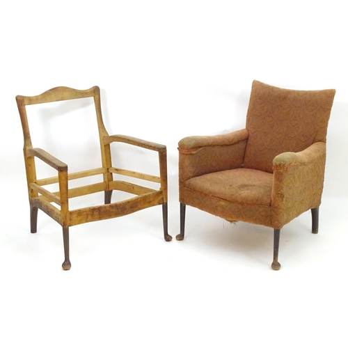 2091 - Two chairs for re - upholstery with turned wooden front legs terminating in pad feet and splayed bac... 