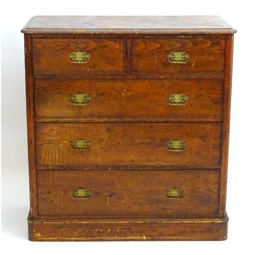 2101 - A late 19thC Victorian pine chest of drawers with a moulded top above two short over three long draw... 