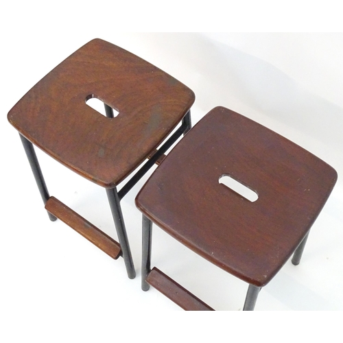 2208 - Vintage Retro, Mid-century: a pair of mahogany stools with black painted steel bases, each 20