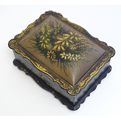 1167 - A Victorian workbox / sewing box with papier mache cushion top lid with hand painted floral and foli... 