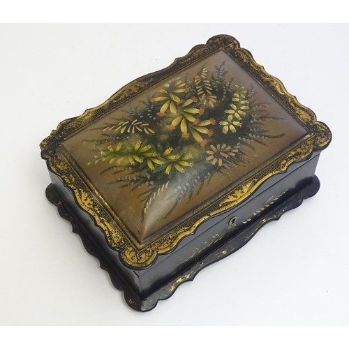 1167 - A Victorian workbox / sewing box with papier mache cushion top lid with hand painted floral and foli... 