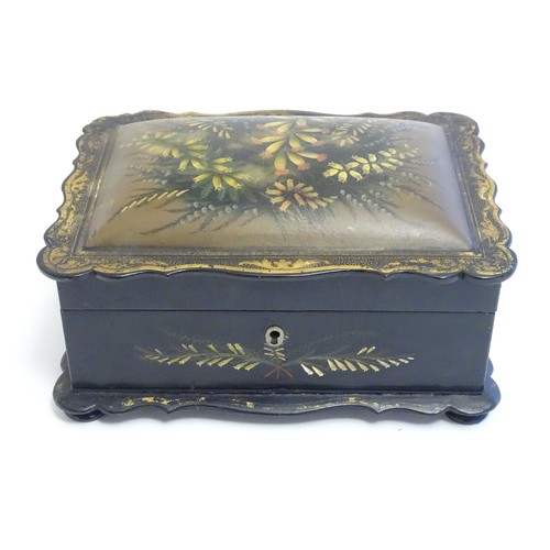 1167 - A Victorian workbox / sewing box with papier mache cushion top lid with hand painted floral and foli... 