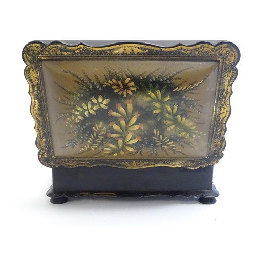 1167 - A Victorian workbox / sewing box with papier mache cushion top lid with hand painted floral and foli... 