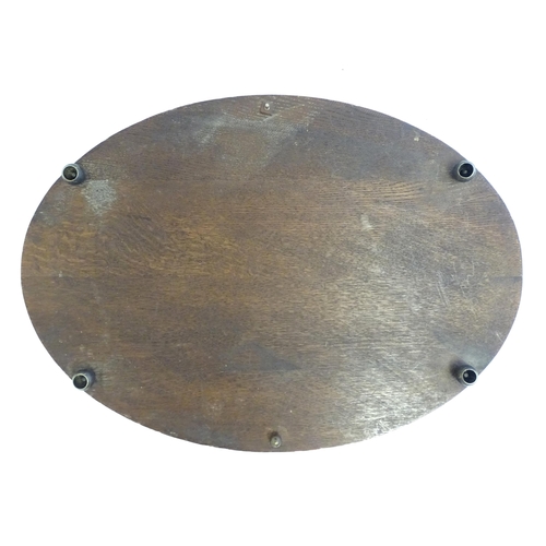 1355 - An early 20thC oak oval tray with twin handles and brass mounts and gallery. Approx. 15 3/4