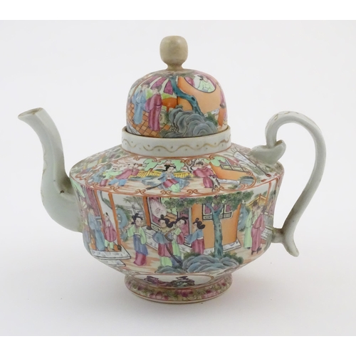 23 - A Chinese famille rose teapot decorated with figures drinking tea, figures on a terrace with fans, c... 