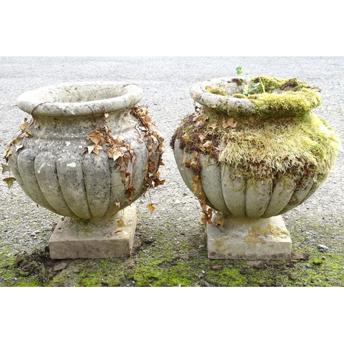 1590 - Garden & Architectural, Salvage: a pair of mid 20thC reconstituted stone urns, standing on squared b... 