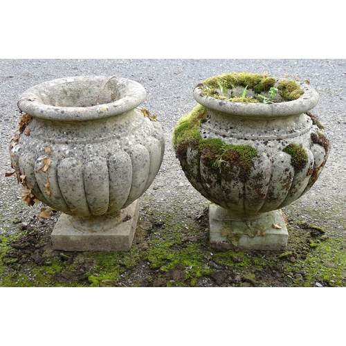 1590 - Garden & Architectural, Salvage: a pair of mid 20thC reconstituted stone urns, standing on squared b... 