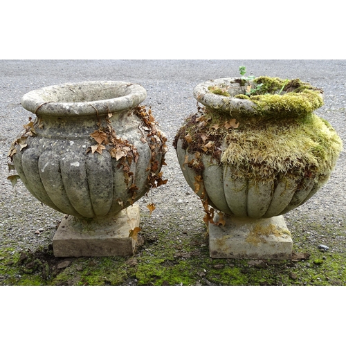 1590 - Garden & Architectural, Salvage: a pair of mid 20thC reconstituted stone urns, standing on squared b... 