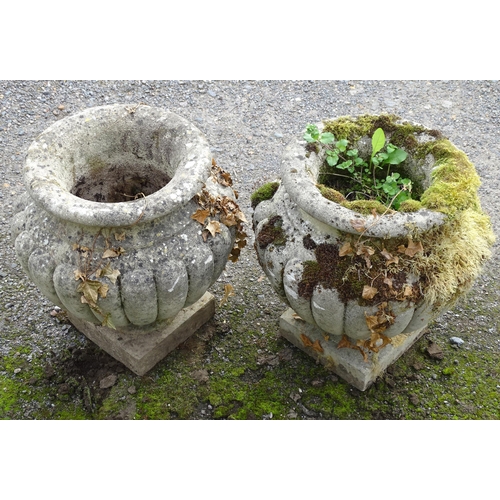 1590 - Garden & Architectural, Salvage: a pair of mid 20thC reconstituted stone urns, standing on squared b... 