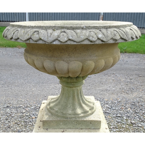 1592 - Garden & Architectural, Salvage: a pair of mid 20thC reconstituted stone classical urns, standing on... 