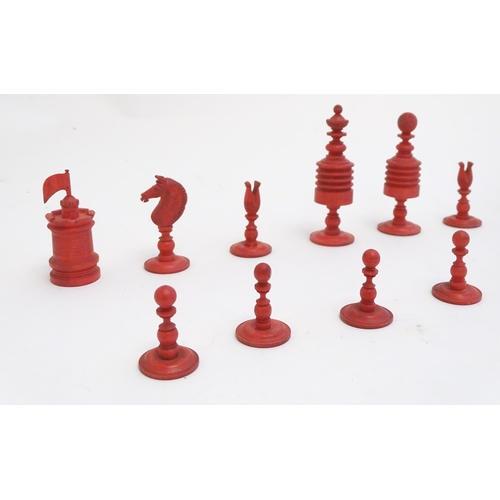 1494 - Toys: A set of 19thC turned and carved bone chess pieces, the largest approx. 3 1/2