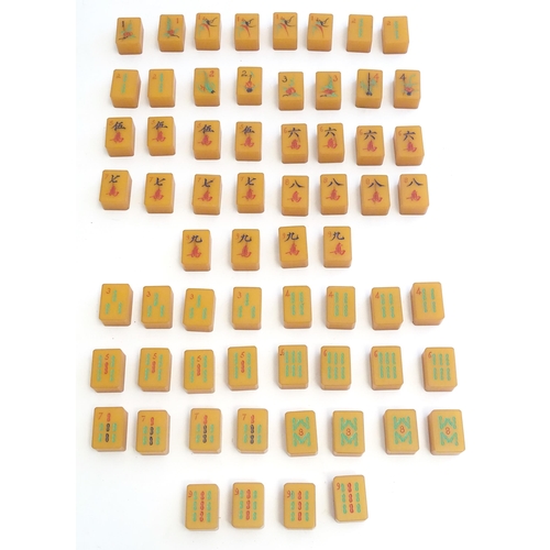 1507 - Toys: Early 20thC Bakelite / Catalin mahjong tiles and four stands. With Directions of Playing Chine... 