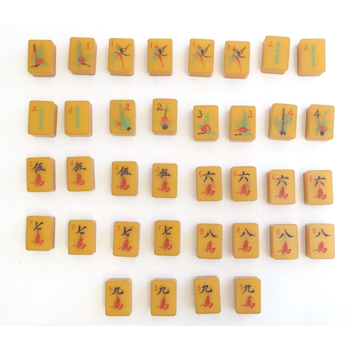 1507 - Toys: Early 20thC Bakelite / Catalin mahjong tiles and four stands. With Directions of Playing Chine... 