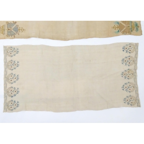 1565 - Five 19thC Turkish towels with embroidered floral and foliate decoration to each end. 
Together with... 