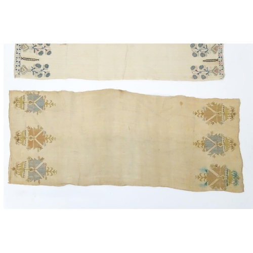 1565 - Five 19thC Turkish towels with embroidered floral and foliate decoration to each end. 
Together with... 