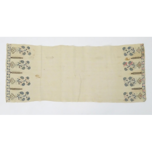 1565 - Five 19thC Turkish towels with embroidered floral and foliate decoration to each end. 
Together with... 