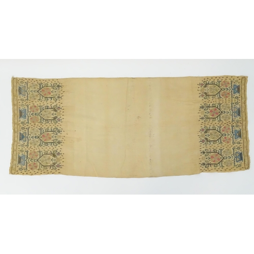 1565 - Five 19thC Turkish towels with embroidered floral and foliate decoration to each end. 
Together with... 