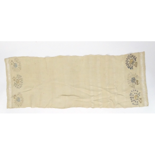 1565 - Five 19thC Turkish towels with embroidered floral and foliate decoration to each end. 
Together with... 