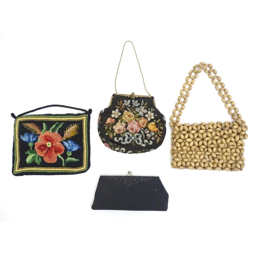 1567 - Vintage fashion accessories : A 1960s / 70s bead bag together with a rectangular purse with floral t... 