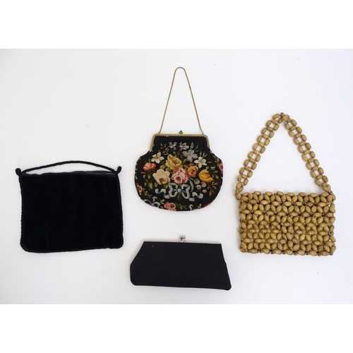 1567 - Vintage fashion accessories : A 1960s / 70s bead bag together with a rectangular purse with floral t... 