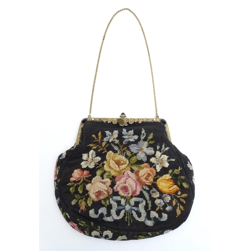 1567 - Vintage fashion accessories : A 1960s / 70s bead bag together with a rectangular purse with floral t... 